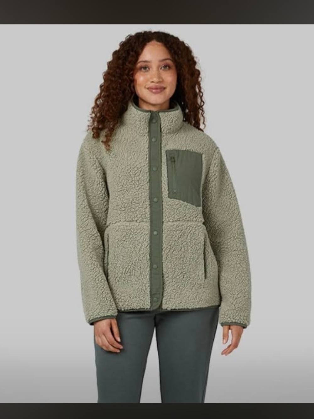 32 Degrees Sage Green Sherpa Teddy Jacket with Olive Trim